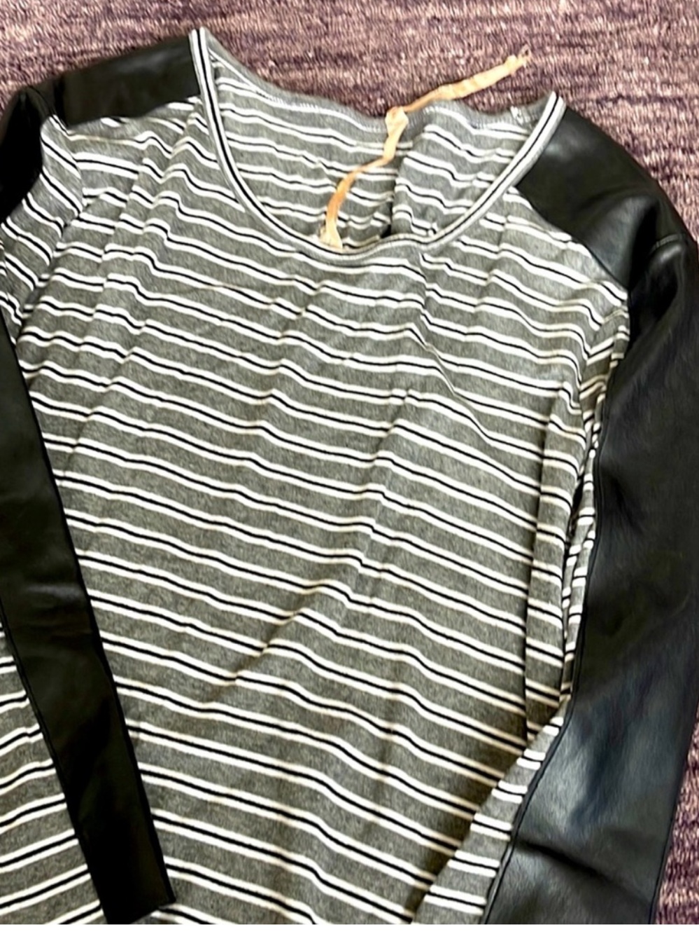 Bailey 44 Black and Gray Striped Long Sleeve Tee with Faux Leather Sleeves
